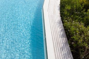 Aerial view of a swimming pool with a paved edge and plants in a garden.